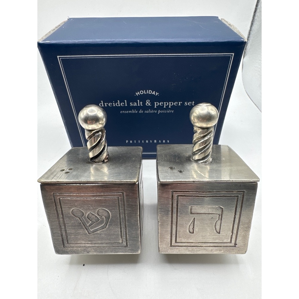 Pottery Barn Holiday Dreidel Salt and Pepper Set Silver Hanukkah Judaica 9959339